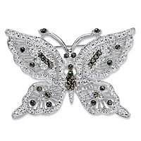 Round Black Crystal Silvertone Butterfly Pin