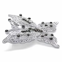 Round Black Crystal Silvertone Butterfly Pin