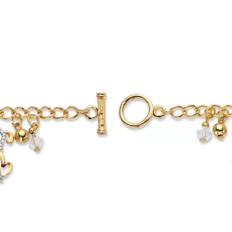 Round Crystal Beaded Puppy Dog Charm Goldtone Bracelet 7.5"