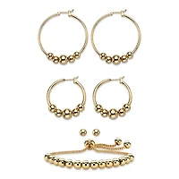 Goldtone 4-Piece Beaded Textured Earrings and Slider Bracelet Set 10"
