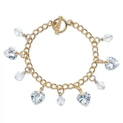 Heart-Shaped and Round Crystal Goldtone Charm Toggle Bracelet 7.5"