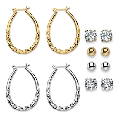 8 Cttw. CZ Goldtone and Silvertone 6-Pair Set of Stud and Hoop Earrings