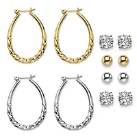 8 Cttw. CZ Goldtone and Silvertone 6-Pair Set of Stud and Hoop Earrings