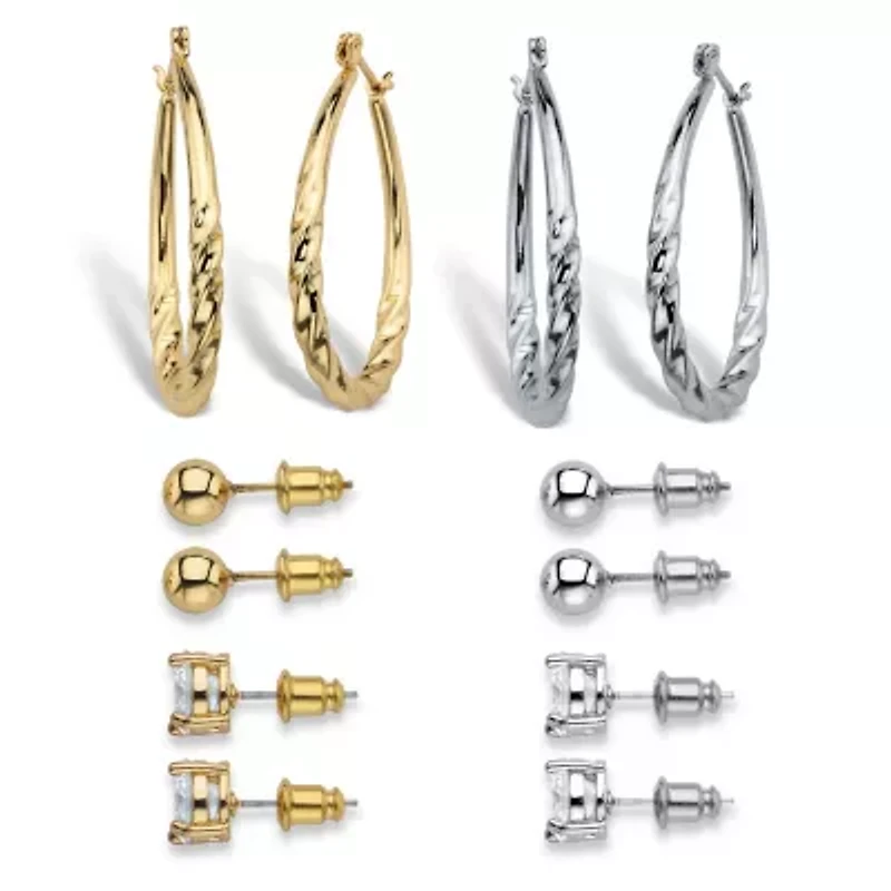 8 Cttw. CZ Goldtone and Silvertone 6-Pair Set of Stud and Hoop Earrings