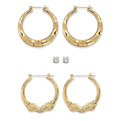 4 Cttw Cubic Zirconia Goldtone 3-Pair Set of Stud and Textured Hoop Earrings 2"