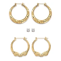 4 Cttw Cubic Zirconia Goldtone 3-Pair Set of Stud and Textured Hoop Earrings 2"