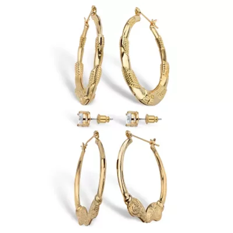 4 Cttw Cubic Zirconia Goldtone 3-Pair Set of Stud and Textured Hoop Earrings 2"