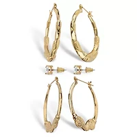 4 Cttw Cubic Zirconia Goldtone 3-Pair Set of Stud and Textured Hoop Earrings 2"