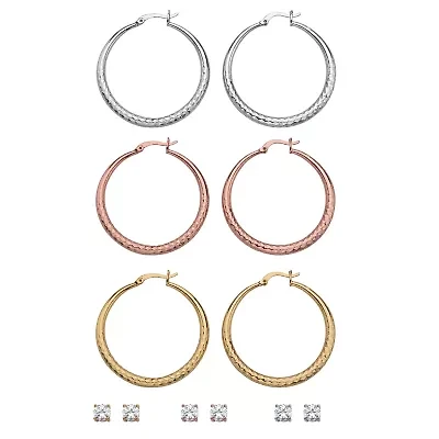 5.88 Cttw. Tri-Tone Cubic Zirconia 6-Pair Set of Stud and Hoop Earrings 2"