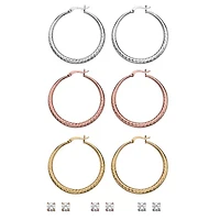 5.88 Cttw. Tri-Tone Cubic Zirconia 6-Pair Set of Stud and Hoop Earrings 2"