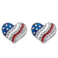 Crystal and Enamel Stainless Steel American Flag Patriotic Heart-Shaped Earrings