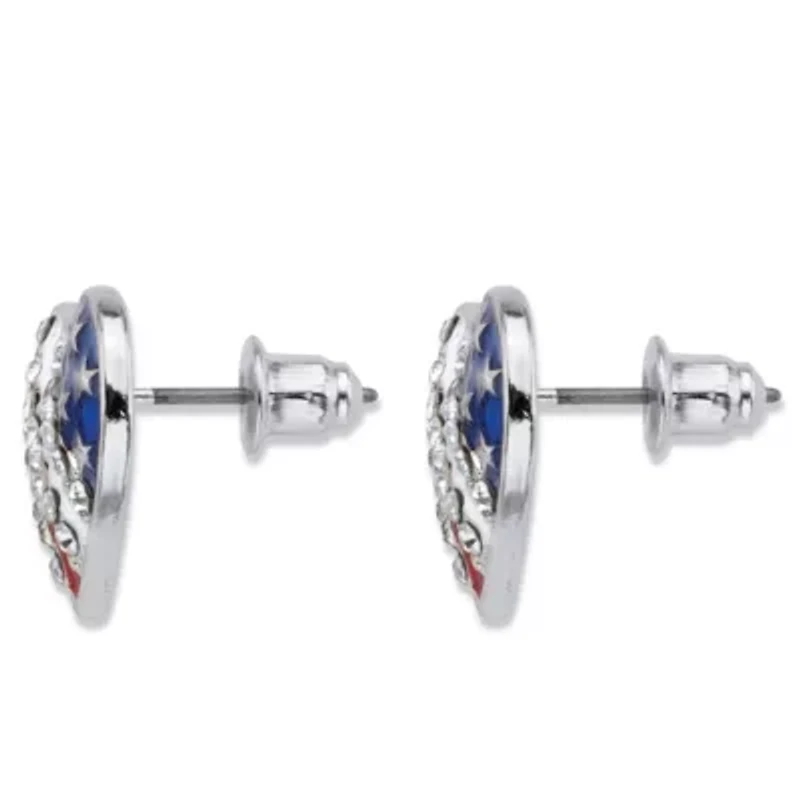 Crystal and Enamel Stainless Steel American Flag Patriotic Heart-Shaped Earrings