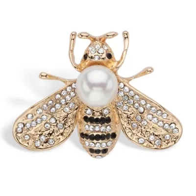 Black and White Crystal Bee Pin With Simulated Pearl Goldtone 1 1/4" Length