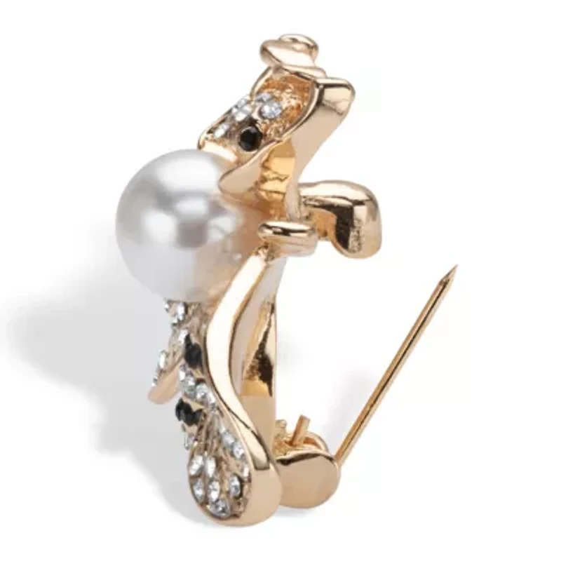 Black and White Crystal Bee Pin With Simulated Pearl Goldtone 1 1/4" Length