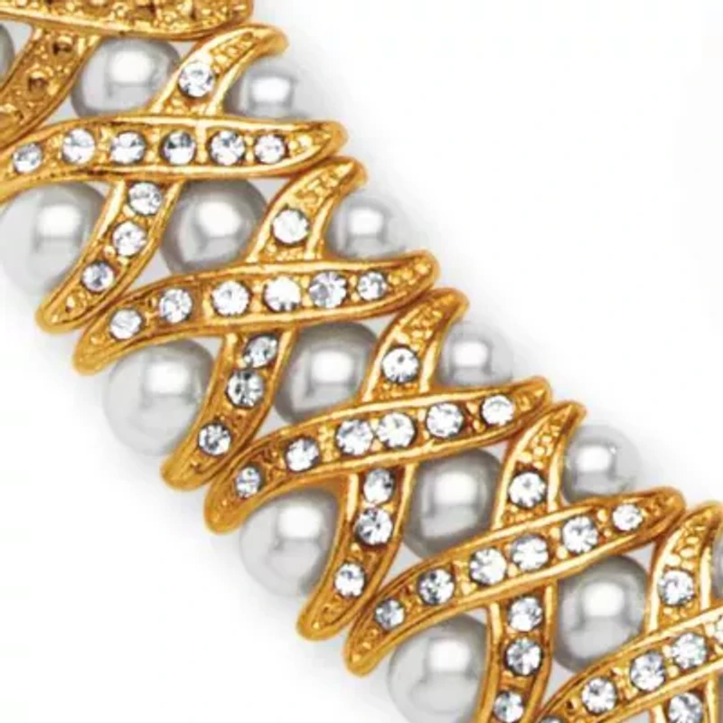 Simulated Pearl and Crystal Three-Piece Jewelry Set in Yellow Goldtone