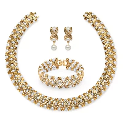 Simulated Pearl and Crystal Three-Piece Jewelry Set in Yellow Goldtone