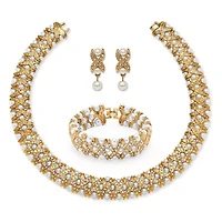 Simulated Pearl and Crystal Three-Piece Jewelry Set in Yellow Goldtone