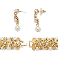 Simulated Pearl and Crystal Three-Piece Jewelry Set in Yellow Goldtone