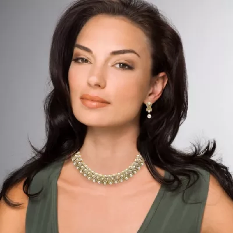 Simulated Pearl and Crystal Three-Piece Jewelry Set in Yellow Goldtone