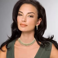 Simulated Pearl and Crystal Three-Piece Jewelry Set in Yellow Goldtone