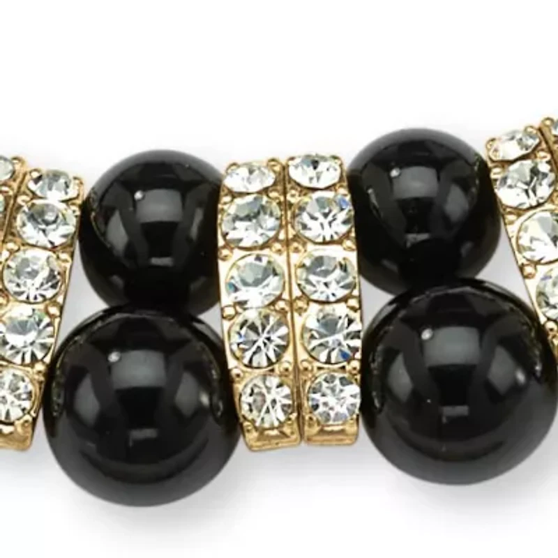 Black Beaded Necklace with Crystal Accents in Yellow Goldtone