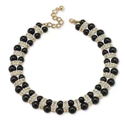 Black Beaded Necklace with Crystal Accents in Yellow Goldtone
