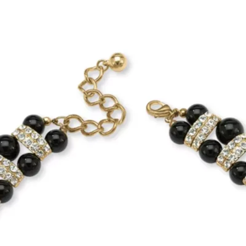 Black Beaded Necklace with Crystal Accents in Yellow Goldtone