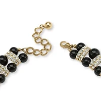 Black Beaded Necklace with Crystal Accents in Yellow Goldtone