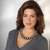 Black Beaded Necklace with Crystal Accents in Yellow Goldtone