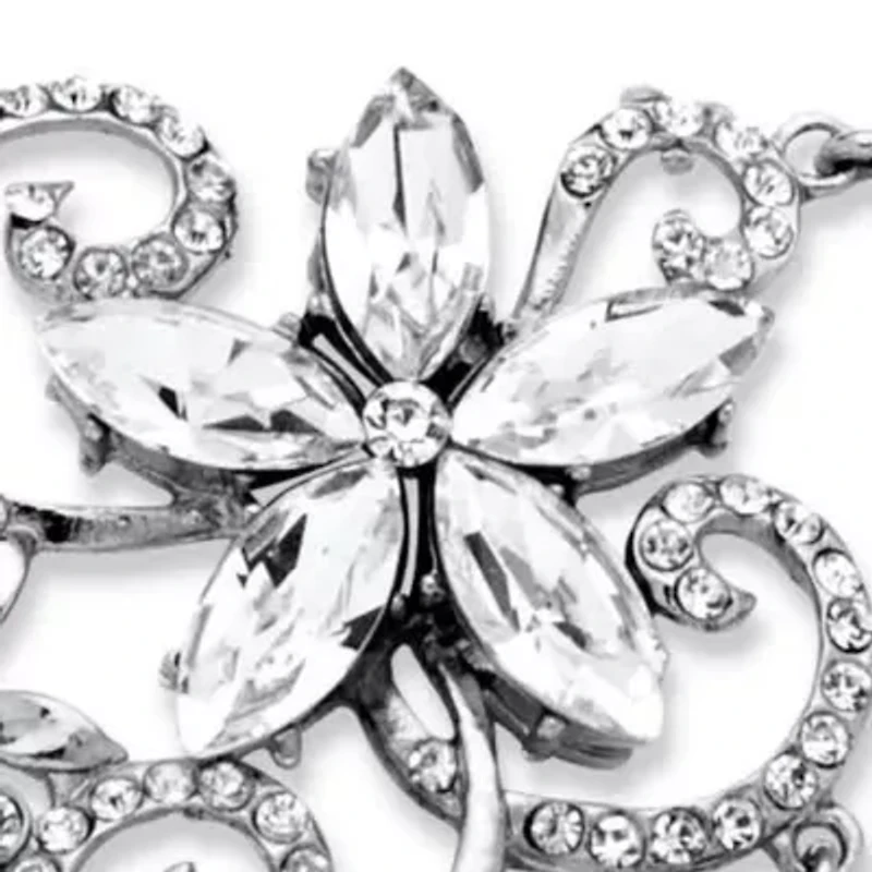 Swirl and Flower Crystal Necklace and Earrings 2-Piece Set Platinum-Plated