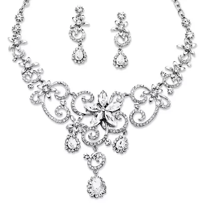 Swirl and Flower Crystal Necklace and Earrings 2-Piece Set Platinum-Plated