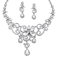 Swirl and Flower Crystal Necklace and Earrings 2-Piece Set Platinum-Plated