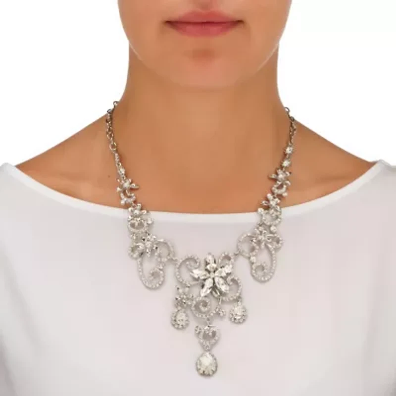 Swirl and Flower Crystal Necklace and Earrings 2-Piece Set Platinum-Plated