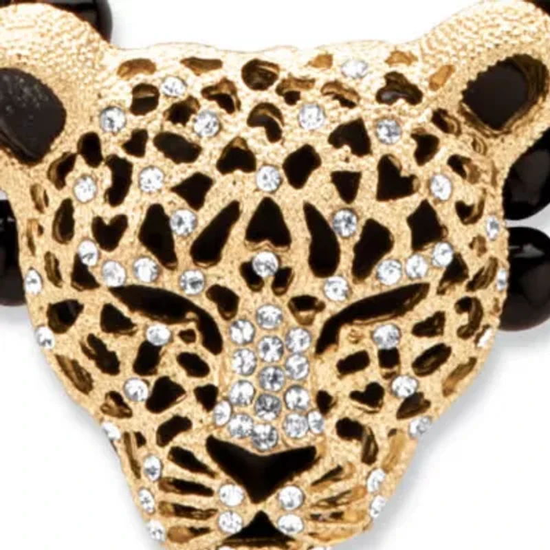 Onyx and Crystal Leopard Beaded Necklace in Yellow Goldtone