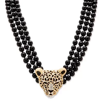 Onyx and Crystal Leopard Beaded Necklace in Yellow Goldtone