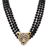 Onyx and Crystal Leopard Beaded Necklace in Yellow Goldtone