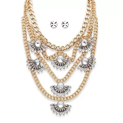 Crystal Multi-Chain Fan Motif Necklace and Earrings Set in Goldtone