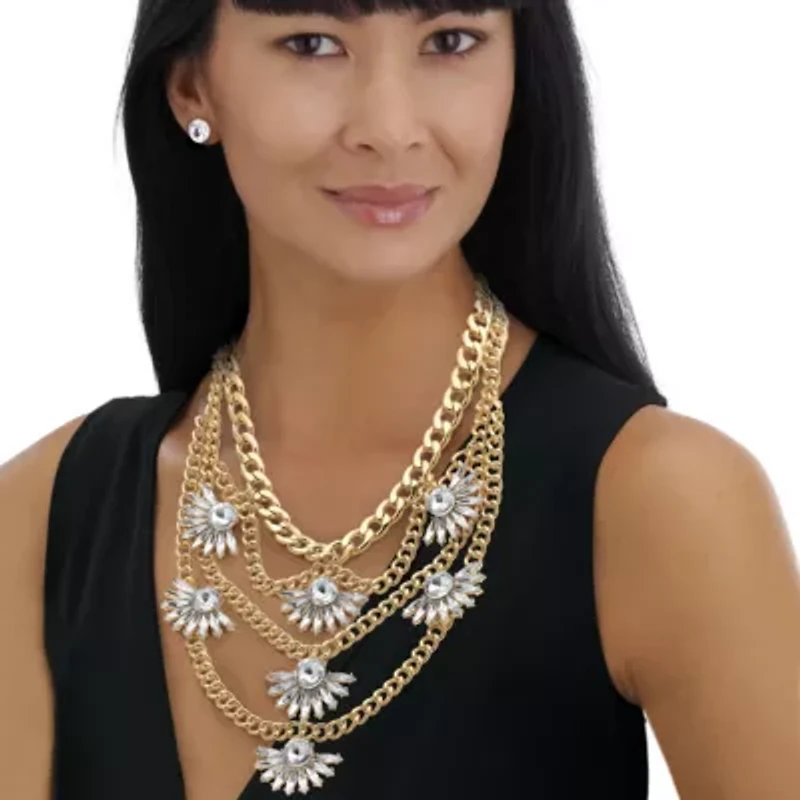 Crystal Multi-Chain Fan Motif Necklace and Earrings Set in Goldtone
