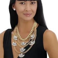 Crystal Multi-Chain Fan Motif Necklace and Earrings Set in Goldtone