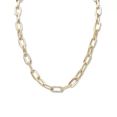 White Round Pave' Crystal Paperclip Chain Necklace Goldtone 18"- 20" Length