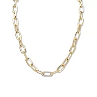 White Round Pave' Crystal Paperclip Chain Necklace Goldtone 18"- 20" Length