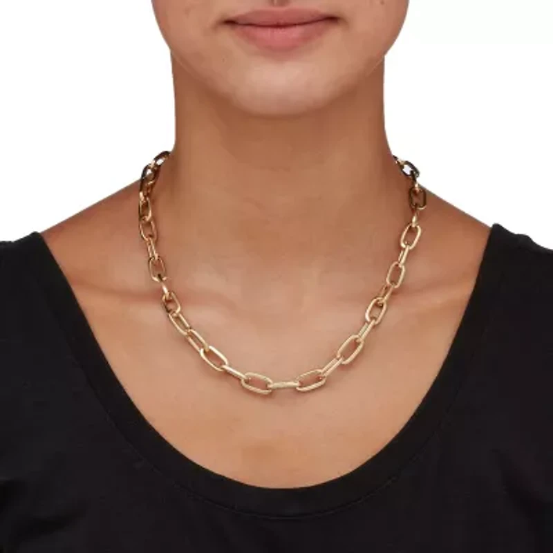 White Round Pave' Crystal Paperclip Chain Necklace Goldtone 18"- 20" Length