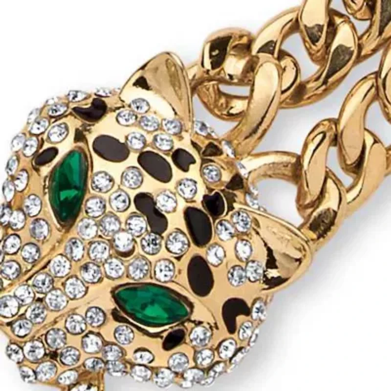 2.72 Cttw. Pave Crystal and Simulated Emerald Goldtone Leopard 3-Piece Set