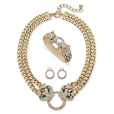 2.72 Cttw. Pave Crystal and Simulated Emerald Goldtone Leopard 3-Piece Set