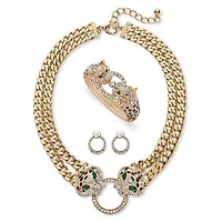 2.72 Cttw. Pave Crystal and Simulated Emerald Goldtone Leopard 3-Piece Set