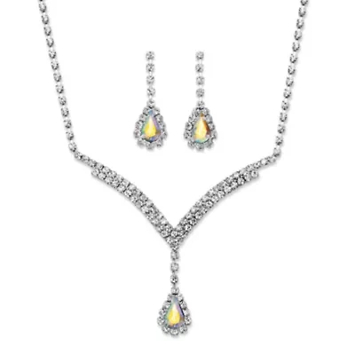 Silvertone Aurora Borealis Crystal Earrings and "Y" Necklace Set 13"-17"