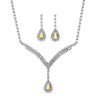 Silvertone Aurora Borealis Crystal Earrings and "Y" Necklace Set 13"-17"