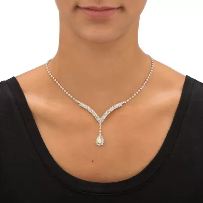 Silvertone Aurora Borealis Crystal Earrings and "Y" Necklace Set 13"-17"