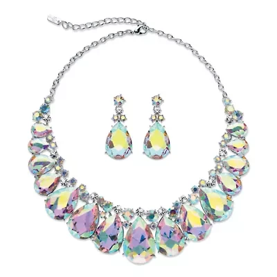 Pear-Cut Aurora Borealis Crystal Silvertone Earrings and Necklace Set 16"-18.5"