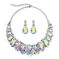 Pear-Cut Aurora Borealis Crystal Silvertone Earrings and Necklace Set 16"-18.5"